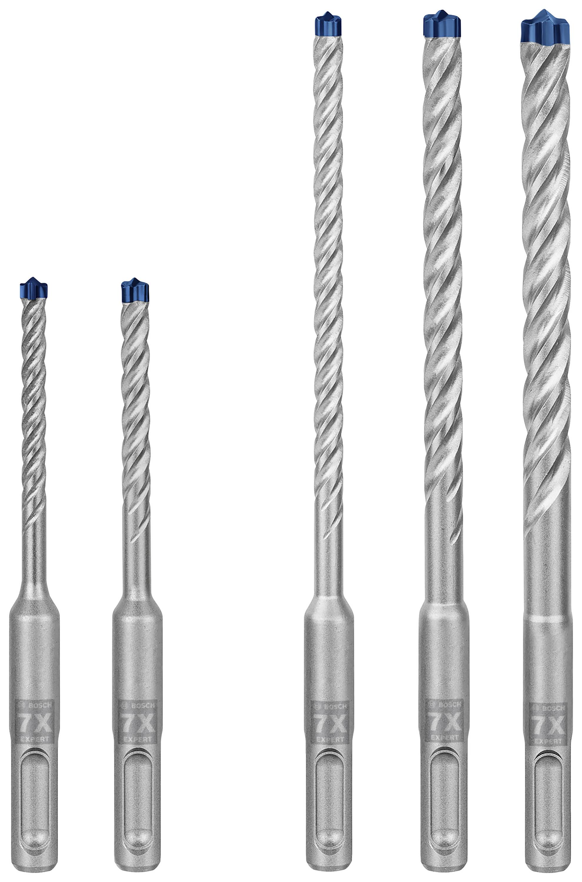Five grey drill bits of various lengths, all with blue tips, standing side by side.