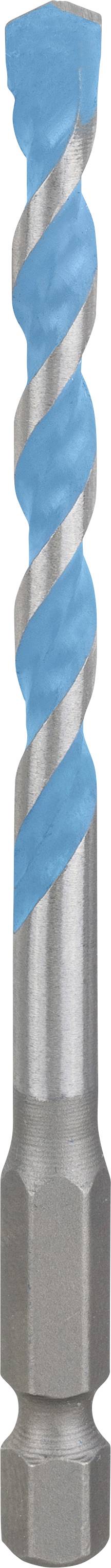 A steel-grey drill bit with a blue, spiral-shaped groove for processing materials.