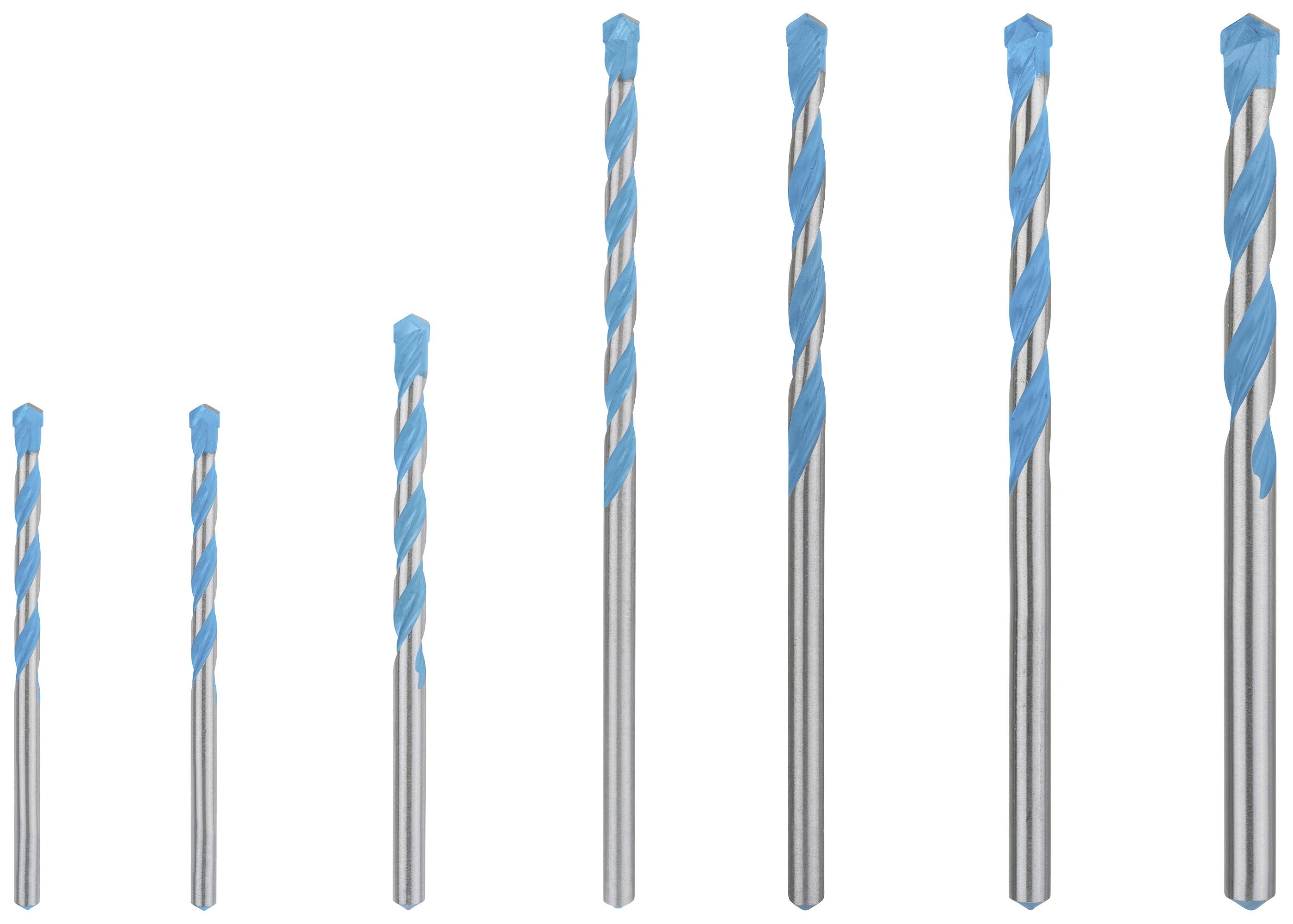 Six different drills in ascending size from left to right, each with a blue tip and silver shaft.