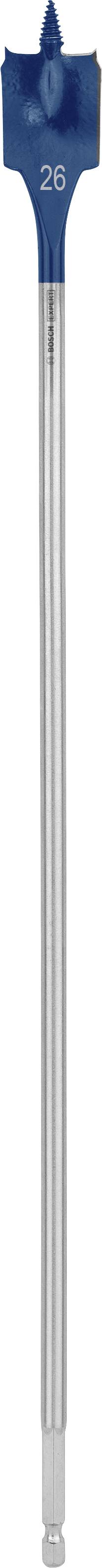 A blue flat drill bit with the marking '26' on the head. The shaft is silver and long, suitable for drilling large holes in wood.