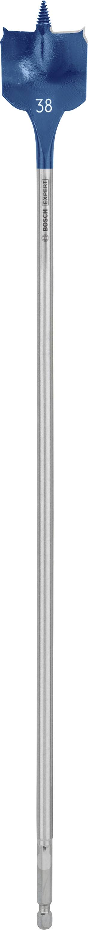 A blue flat milling drill bit with '38' marking, long silver shaft. Suitable for woodworking.