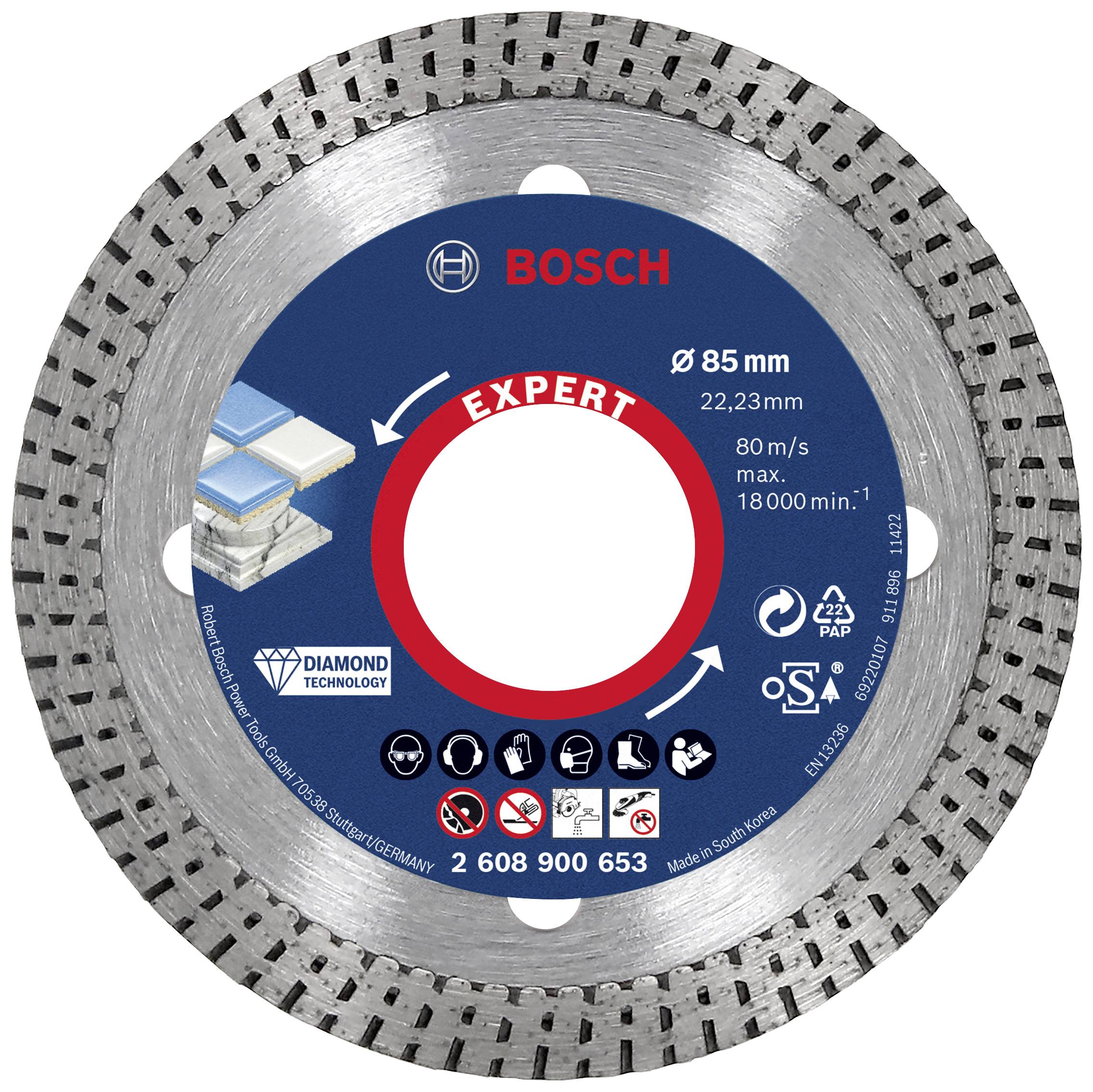 Circular Saw Blade for Tiles, 'Bosch Expert', 85 mm Diameter, with Symbols for Safety Precautions and Technological Details.
