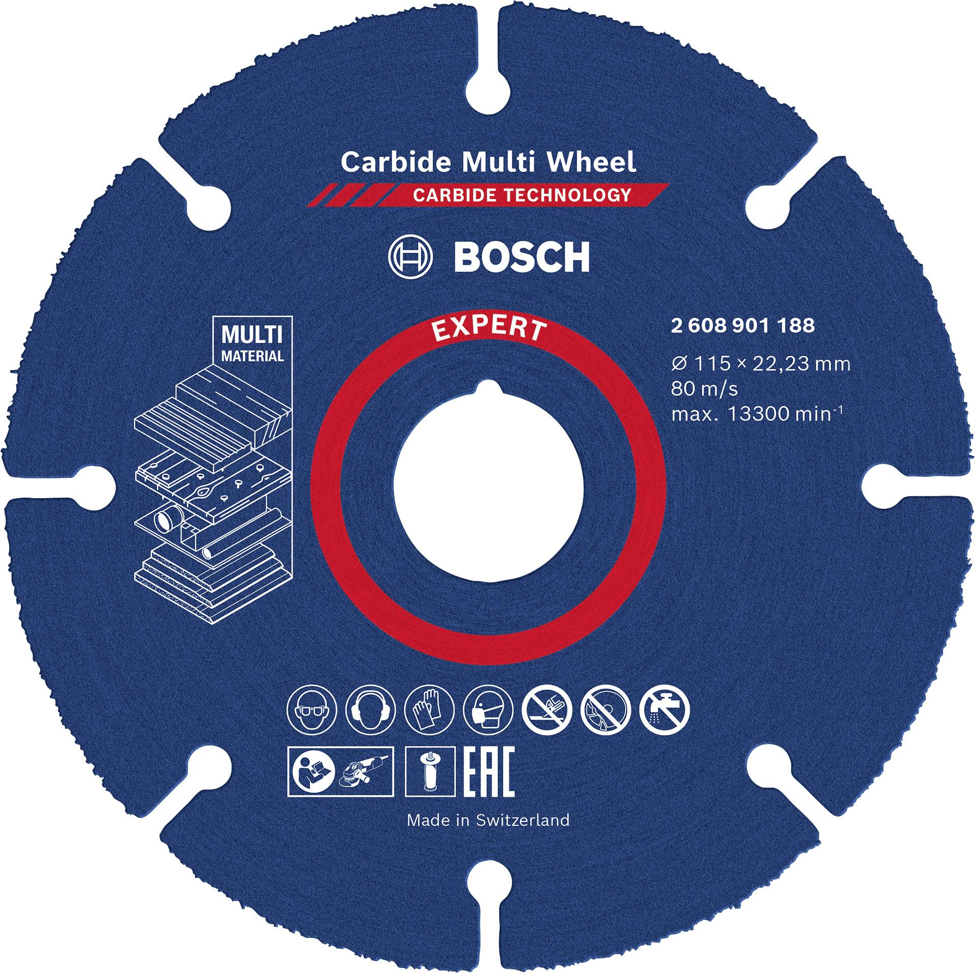 Circular saw blade with label 'Carbide Multi Wheel' and brand 'Bosch'. Details on size: 115x22.23mm, speed: 80 m/s.