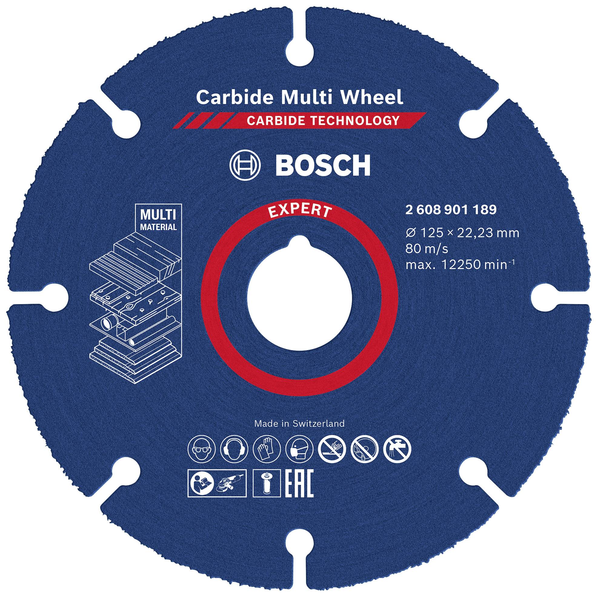Bosch 'Carbide Multi Wheel' Saw Blade, 125 mm diameter, suitable for multi-material use. Manufactured in Switzerland.