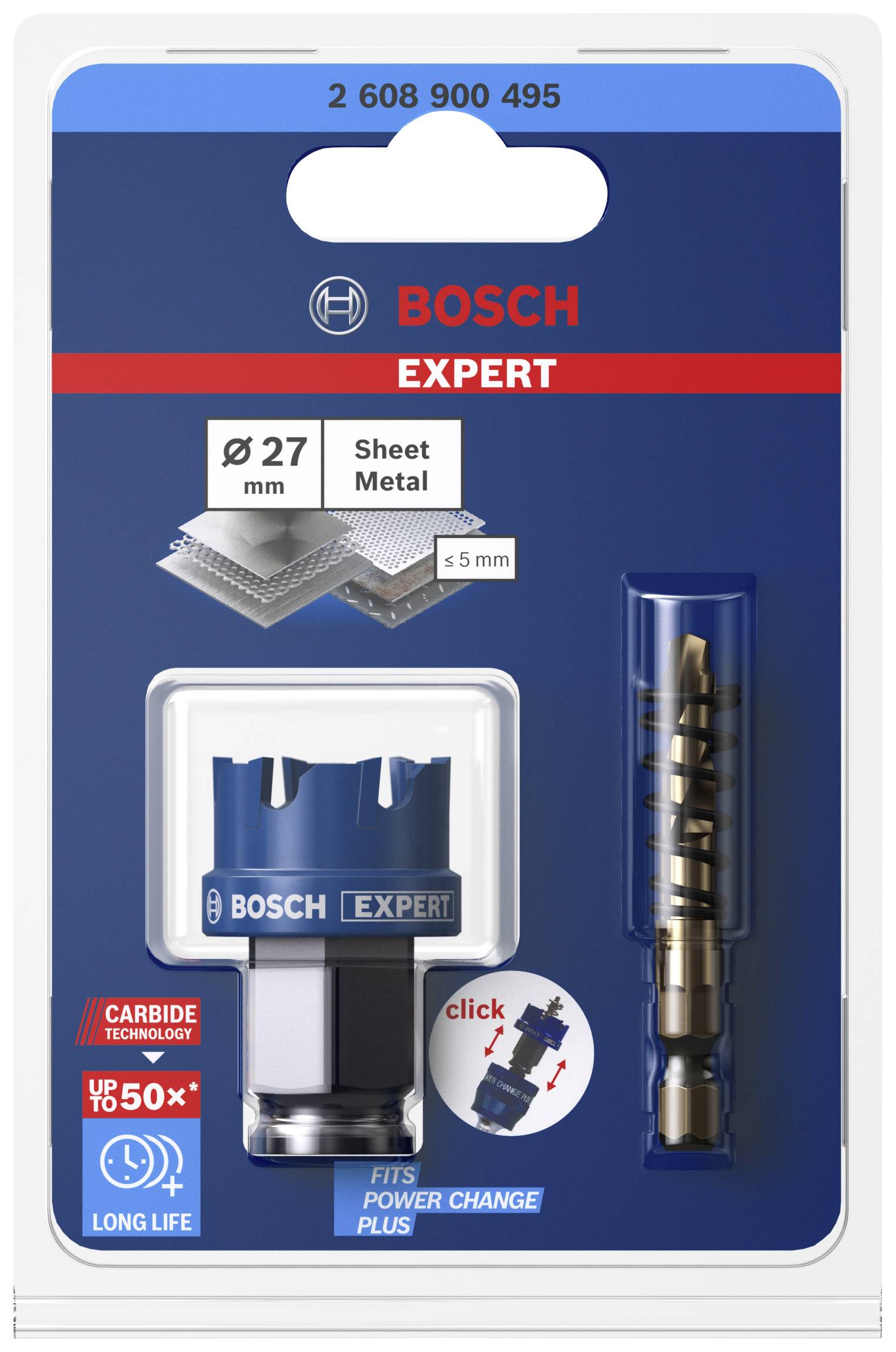 'Bosch Expert' hole saw for sheet metal, diameter 27 mm, in packaging with conversion adaptor, suitable for Power-Change system.
