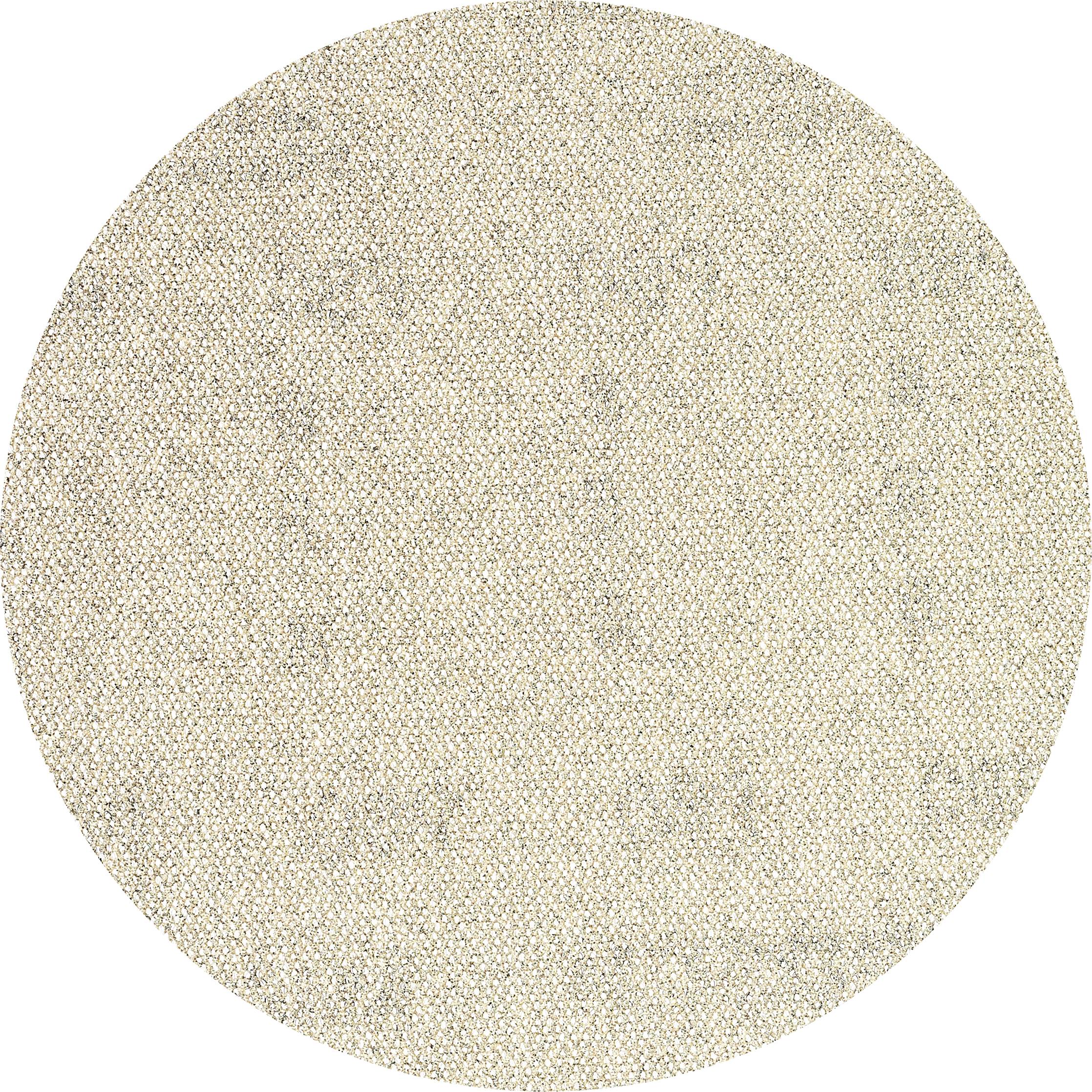 A round, beige carpet with a textured surface.