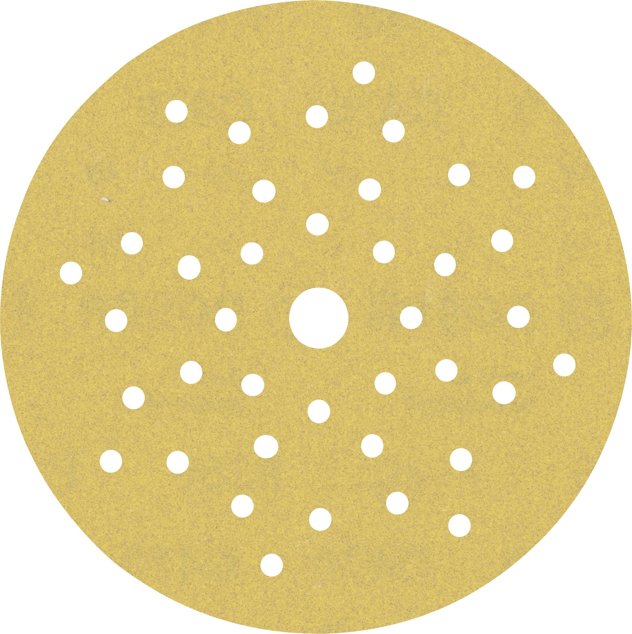 Round golden grinding disc with many small holes, evenly distributed.