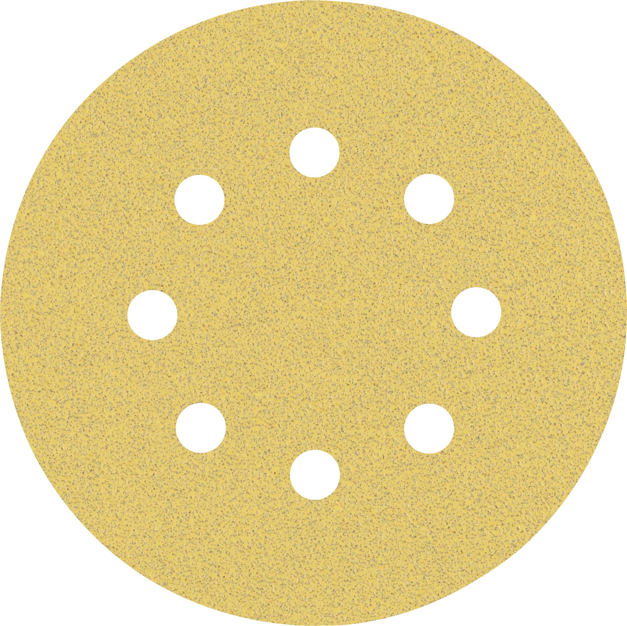 Round sanding disc with eight holes on beige abrasive material, used for surface finishing. Ideal for grinding machines.