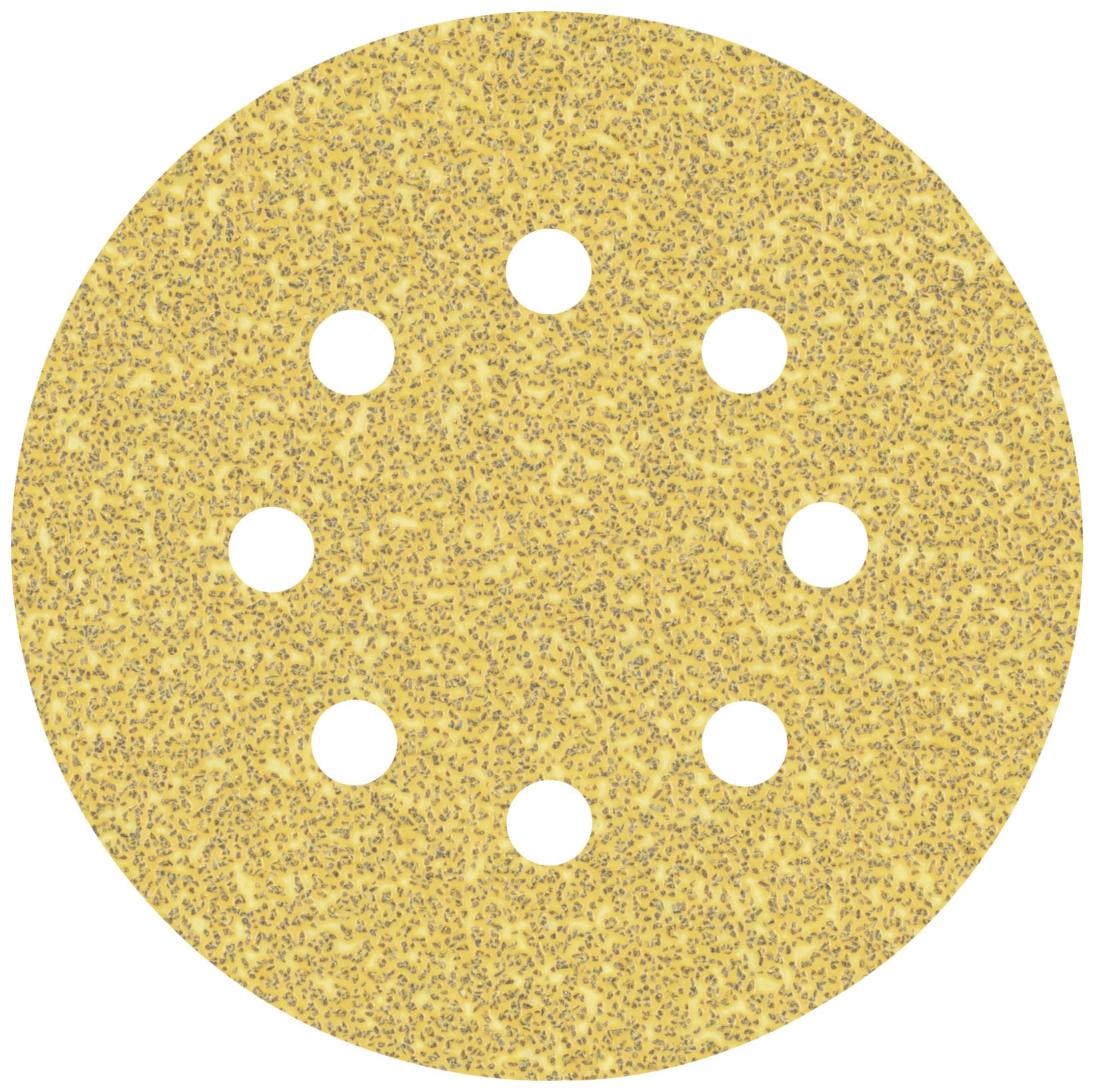 Round sandpaper with seven holes symmetrically arranged; textured, sandy surface.