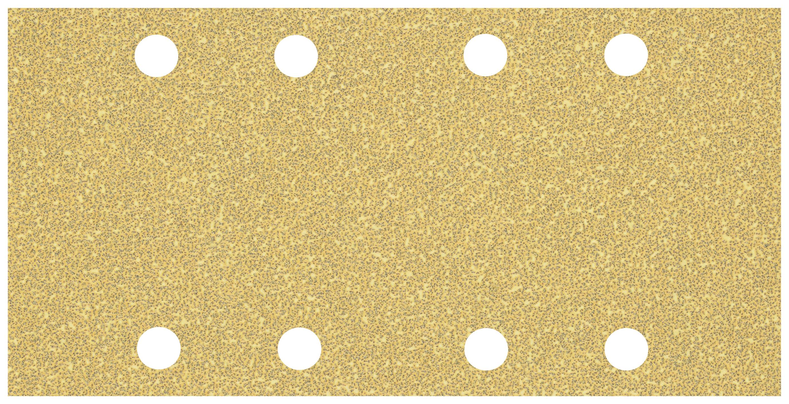 A rectangular piece of sandpaper with six round holes in two rows.