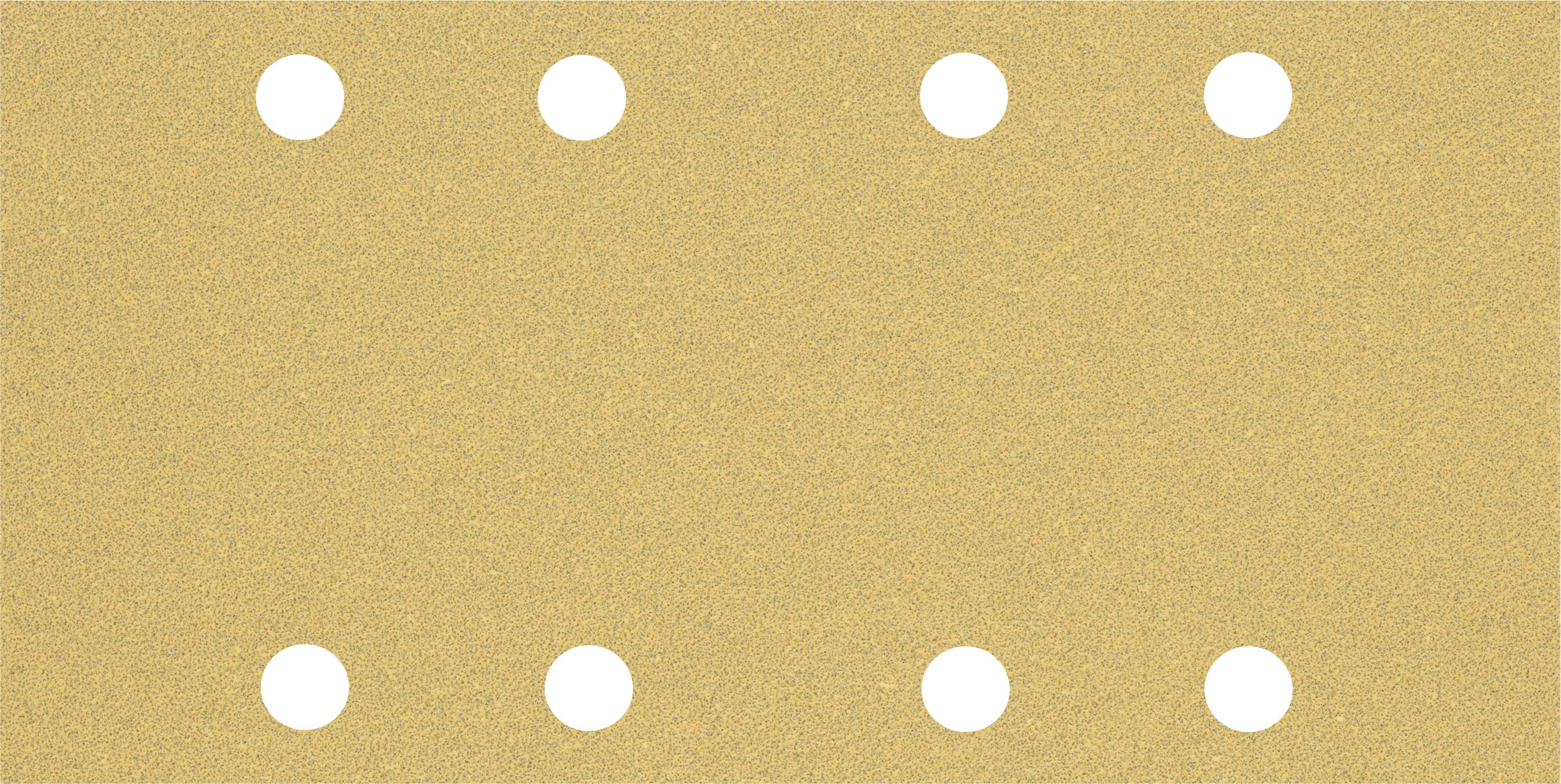 Brown sandpaper with eight evenly distributed round white holes in a symmetrical arrangement.