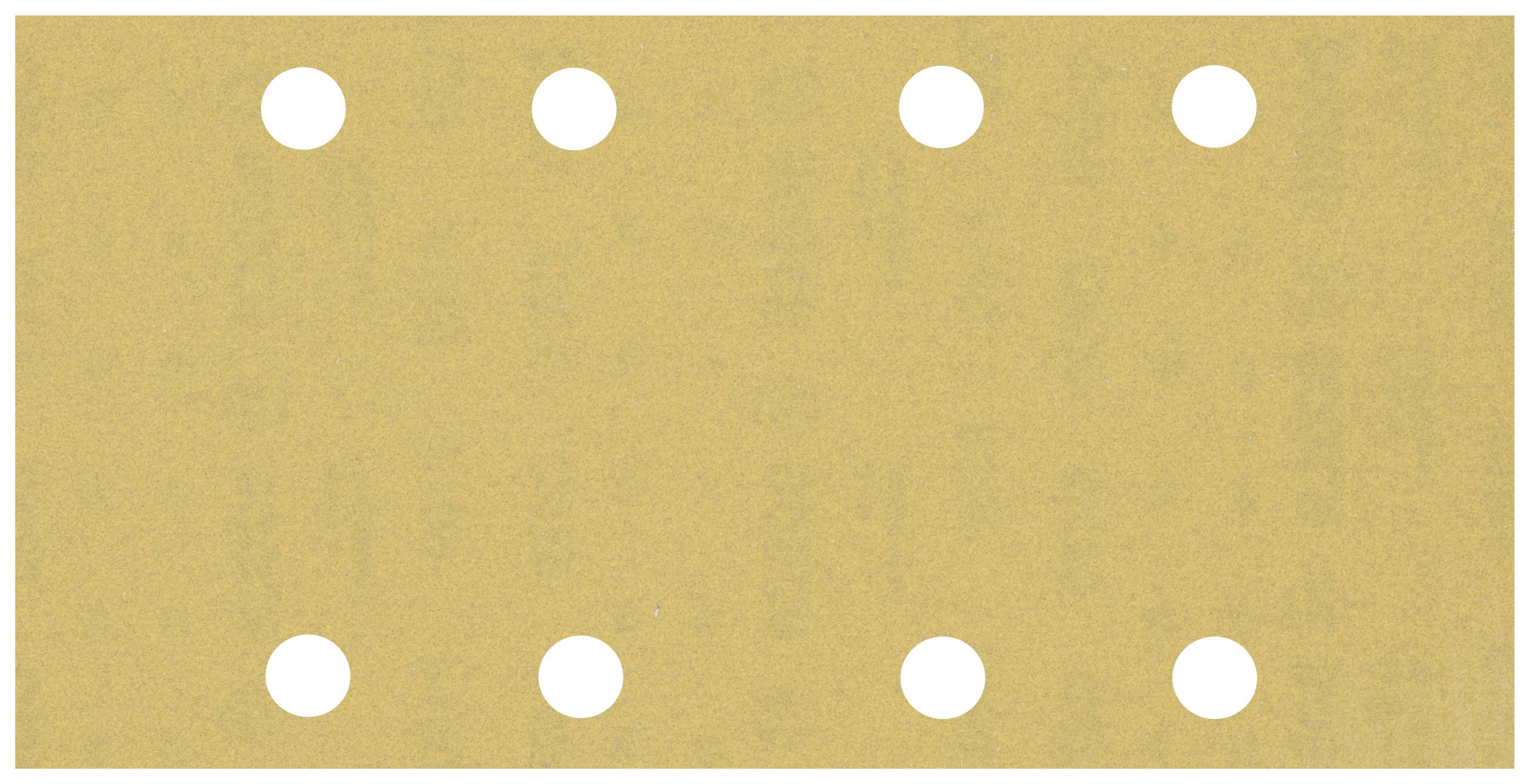Eight white circles evenly distributed on a rectangular ochre background, similar to a punch card pattern.