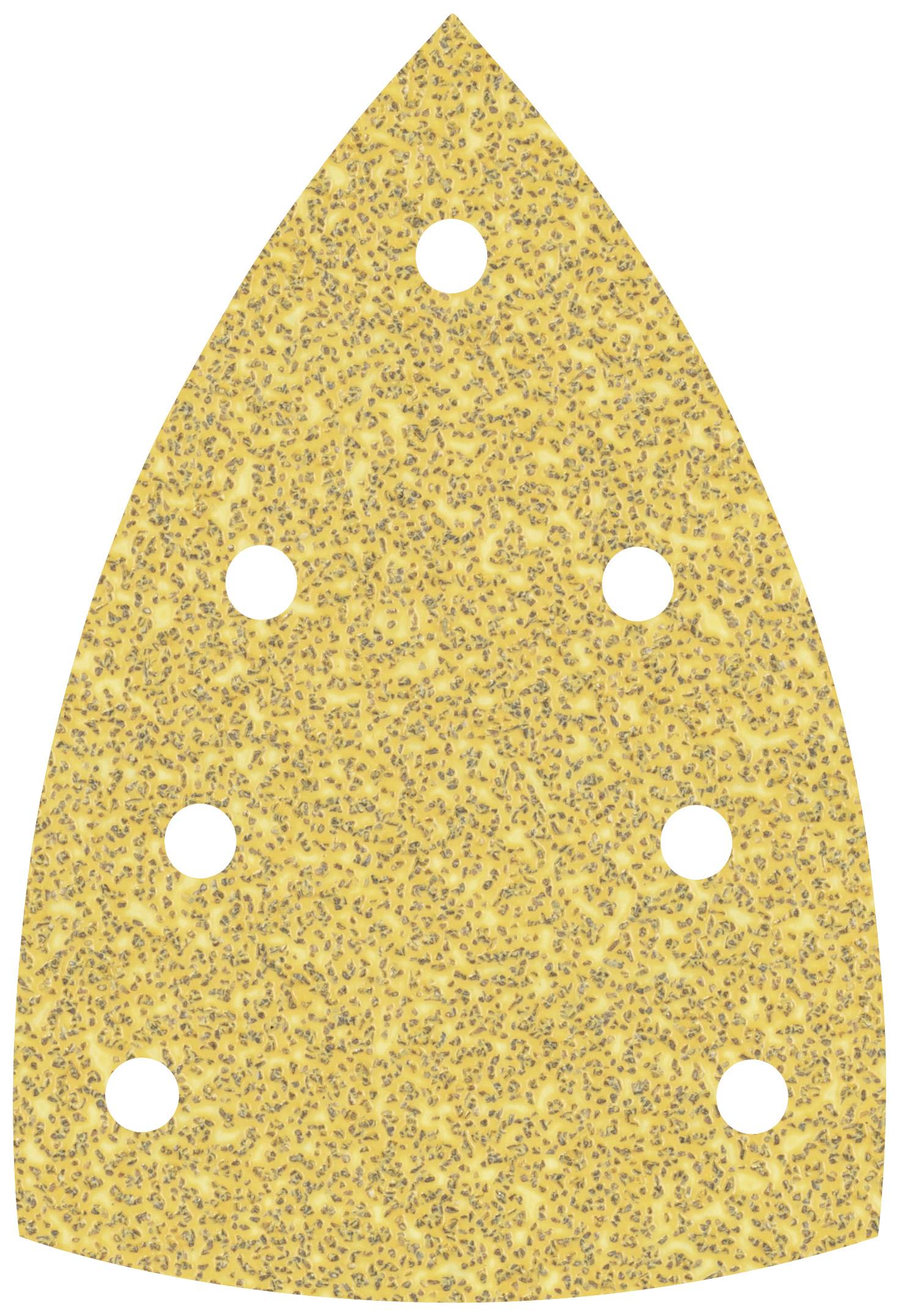 A yellow, triangular sanding paper backing with six round holes.
