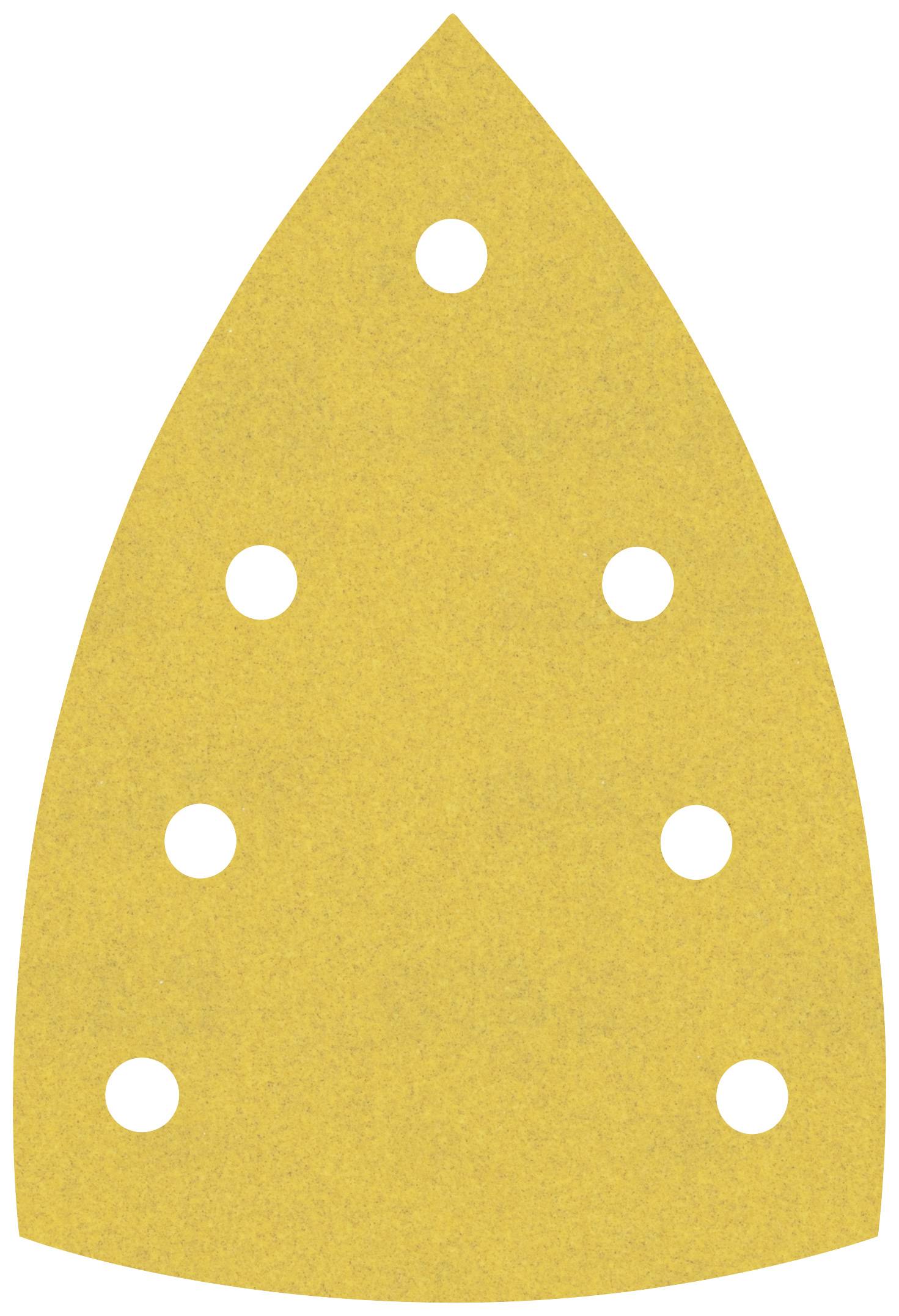 An iron-shaped sandpaper sheet with seven symmetrically arranged holes, suitable for dust extraction machines.