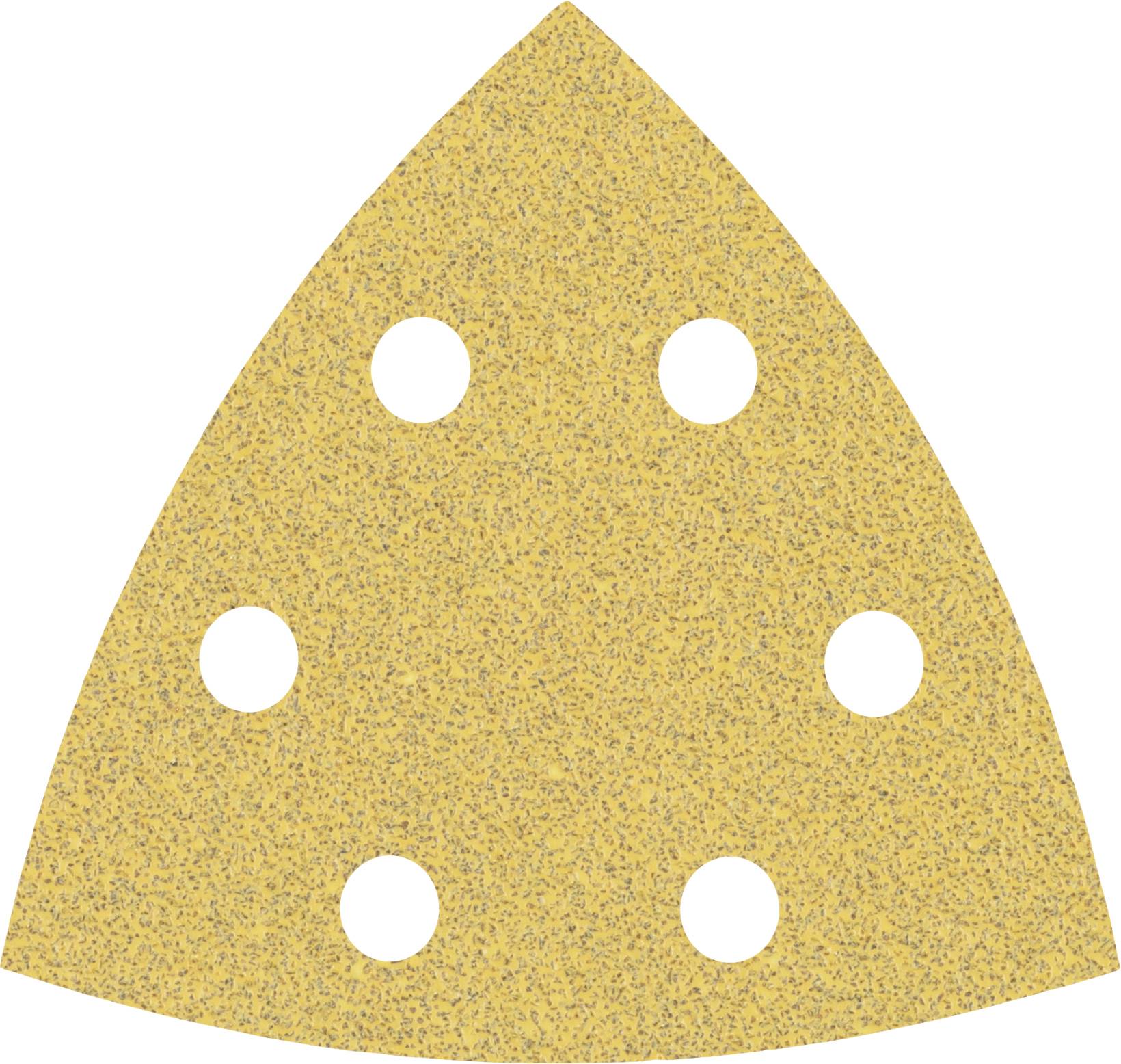 Triangular sandpaper with six round holes, suitable for an orbital sander.