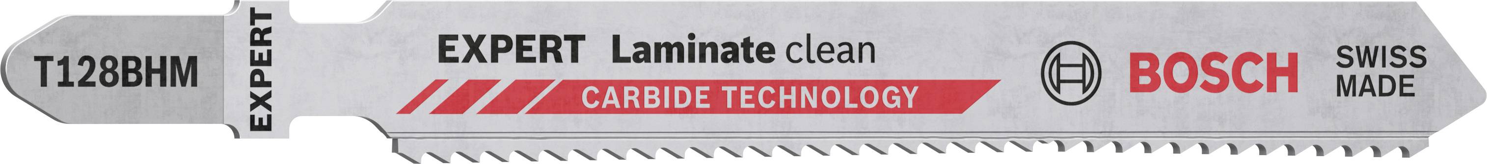 Bosch Expert Saw Blade 'Laminate Clean', Model T128BHM, suitable for laminate. Manufactured in Switzerland, with tungsten carbide technology.