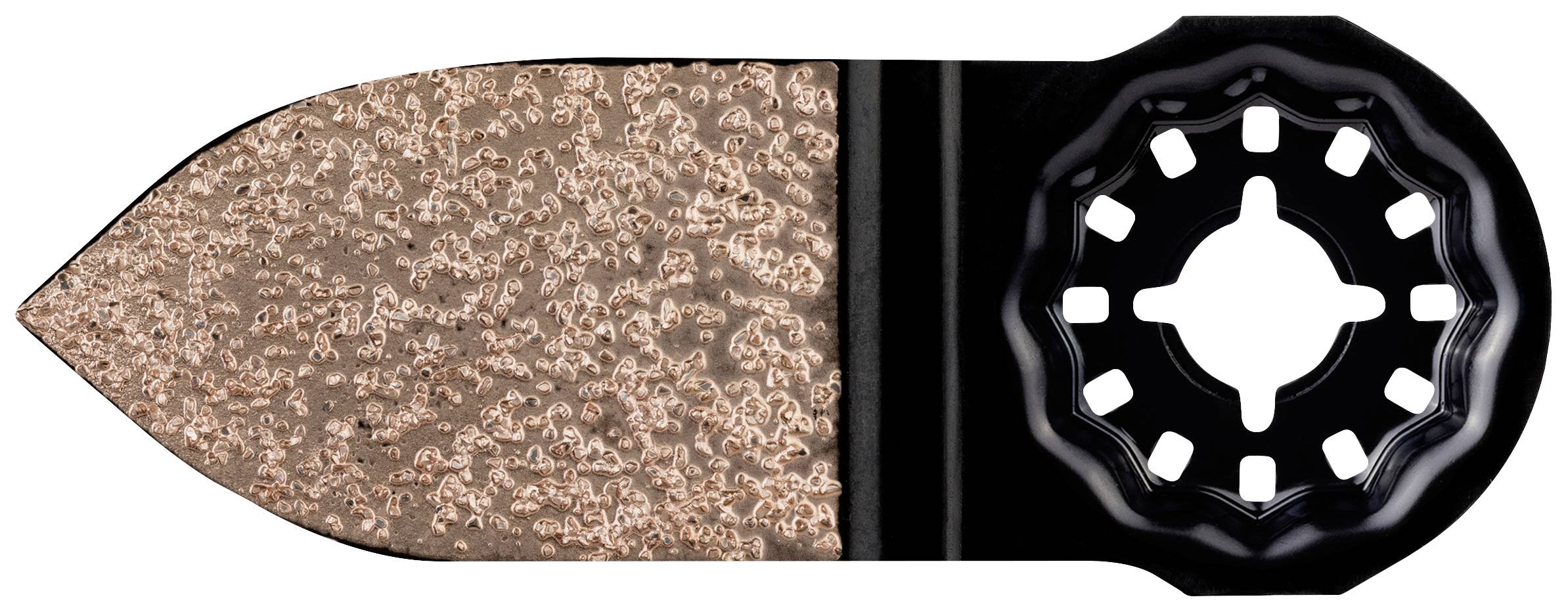 An oscillating saw blade with a rounded blade coated with round particles, used for precision cutting.