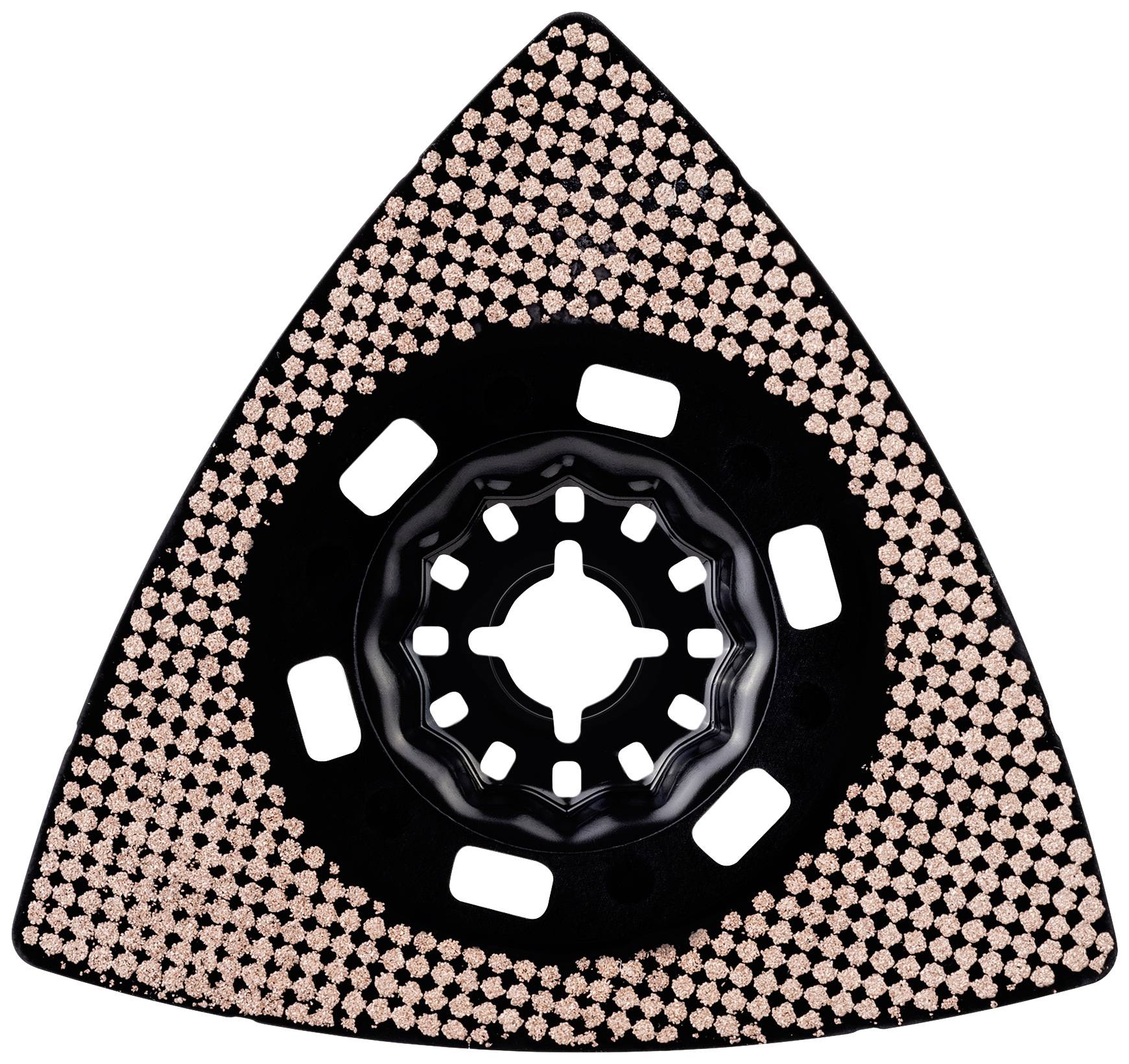 Black and red triangular sanding sheet with numerous abrasive particles and a central fixing device.