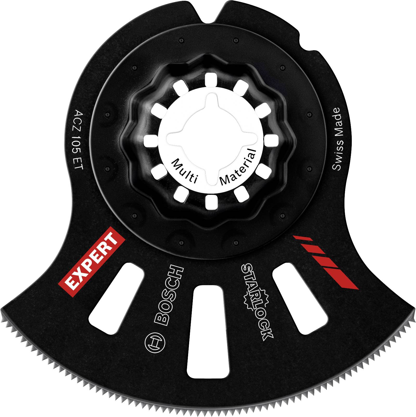 Starlock saw blade with 'EXPERT' inscription, suitable for multi-materials. Brand name 'Bosch', indication 'Swiss Made'.