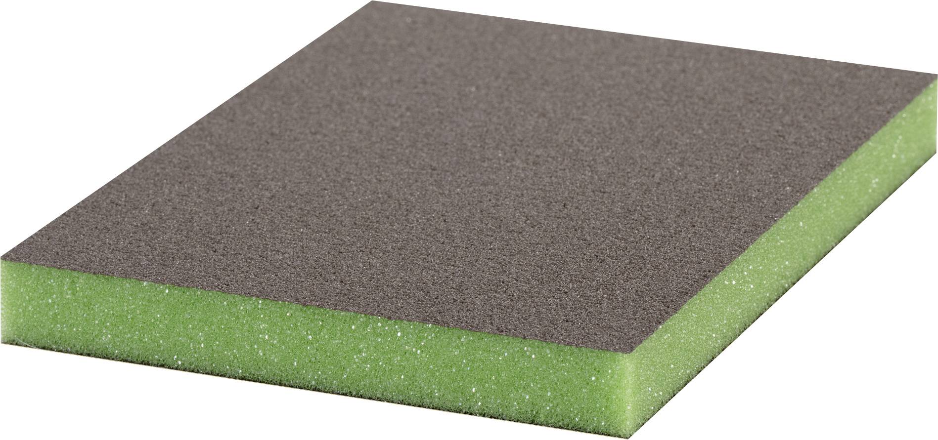 A rectangular, green foam block with a dark grey, rough surface used for sanding work.
