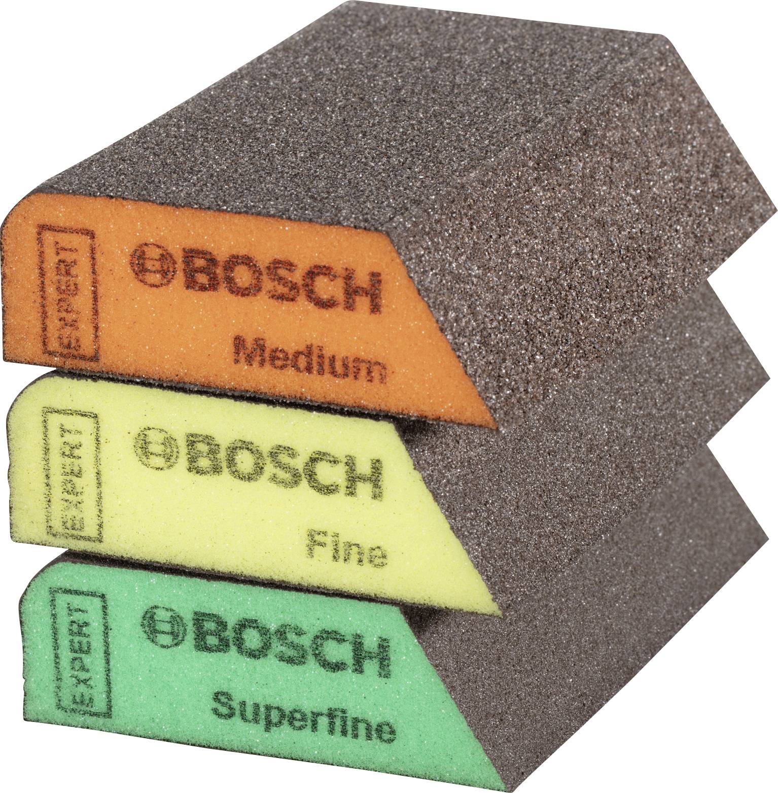 Three sanding sponges in different grits (Medium, Fine, Super Fine) by Bosch, stacked with visible labels.