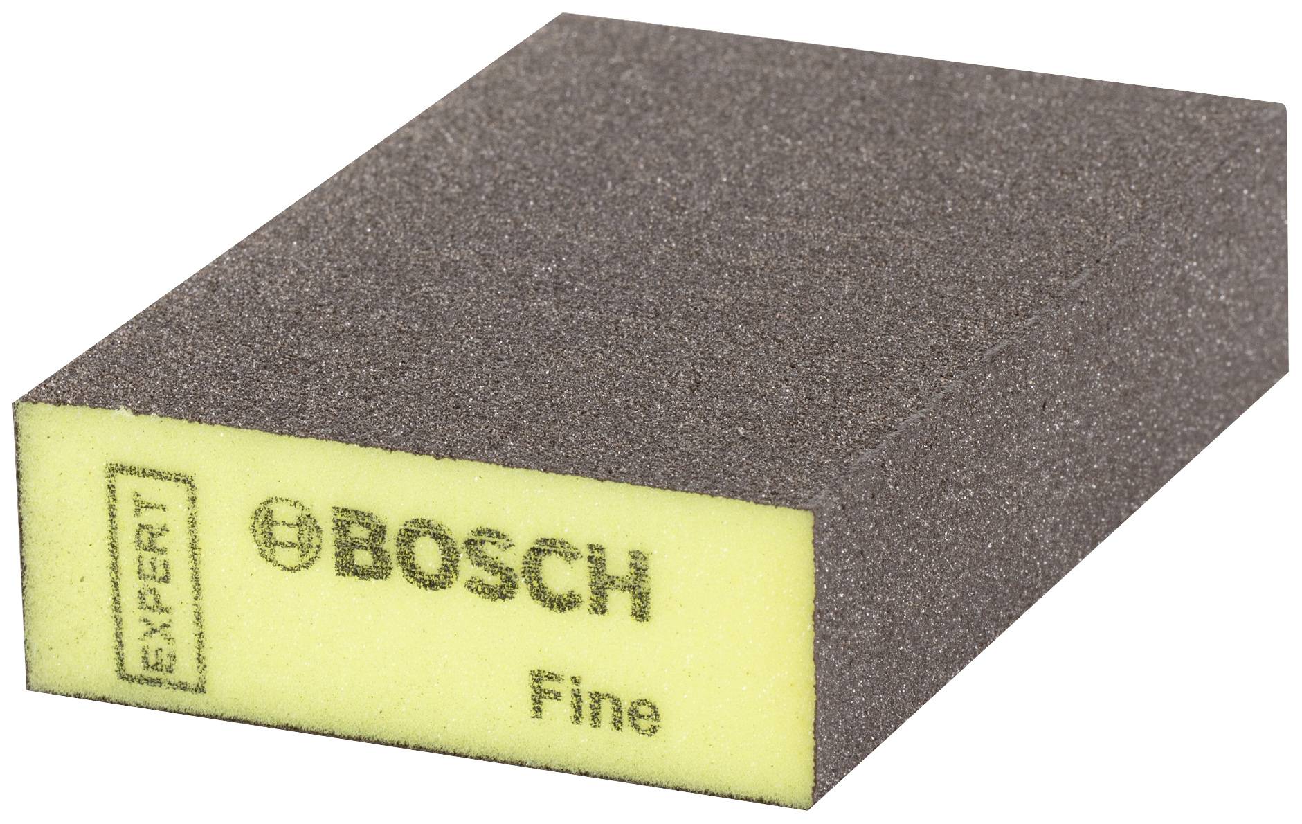 'BOSCH Expert Fine' sanding sponge on a yellow foam block, rectangular shape, brown grit, for precise sanding of fine surfaces.
