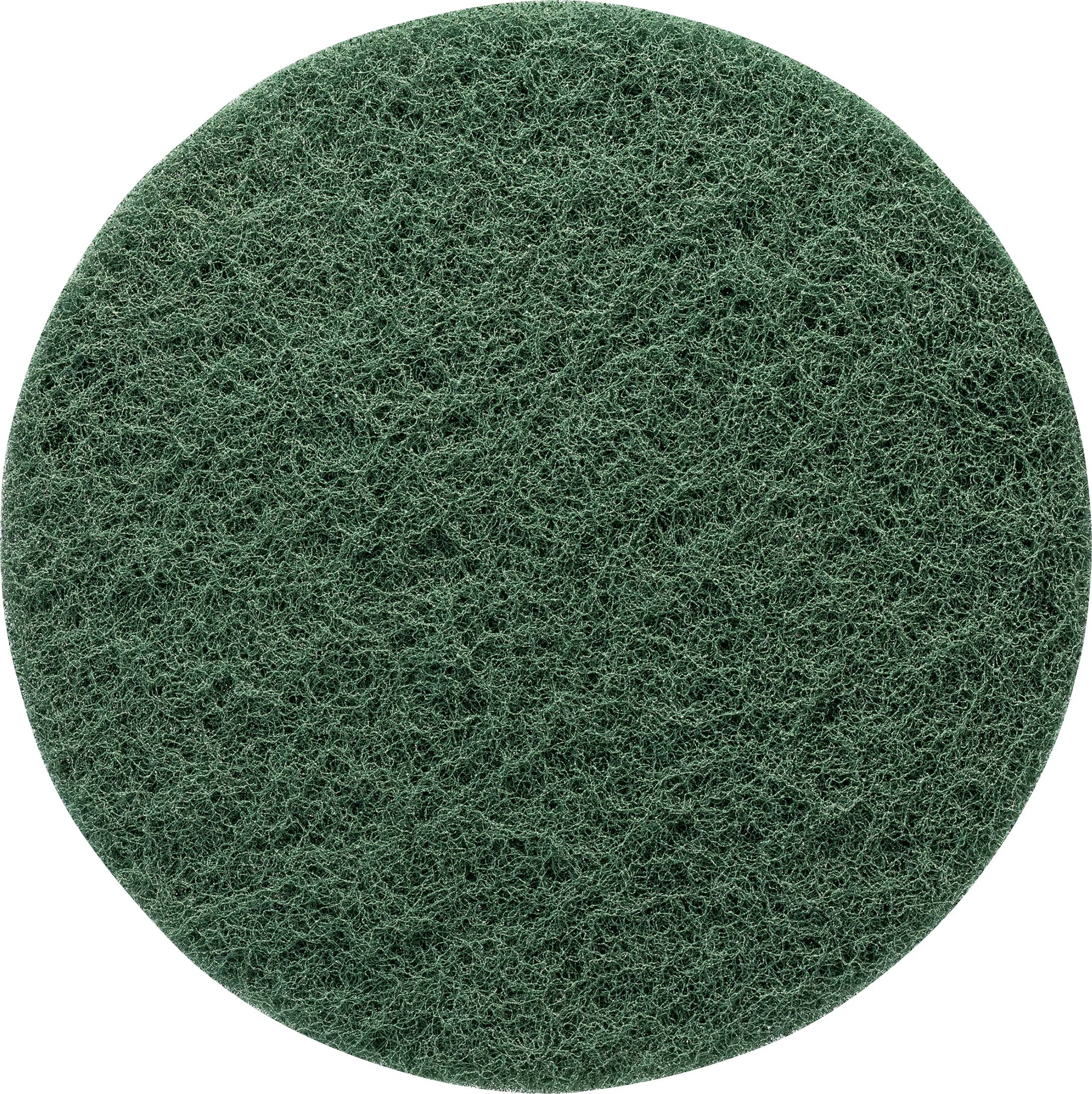 A round, green pot sponge, viewed from above, shows its coarse, spongy texture, ideal for cleaning surfaces.