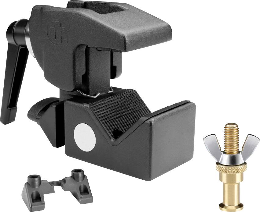 A black clamp with an L-shaped lever and rubber-lined inner surface is shown, alongside a golden screw adapter with wing nuts.