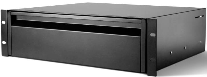 A black 19-inch rack enclosure with two rack units and a front cover. Suitable for mounting in a server rack.