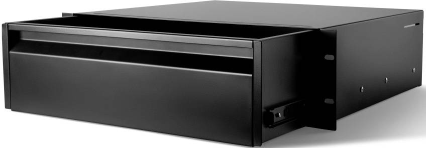 Black 2U Metal Rack Drawer, partially open, for storing devices or accessories in a server or audio rack.