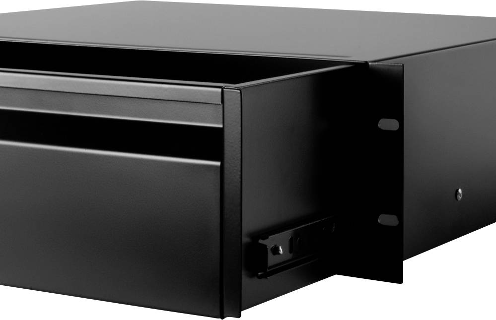 Black metal filing cabinet with an open drawer, side view. Suitable for storing office or workshop items.
