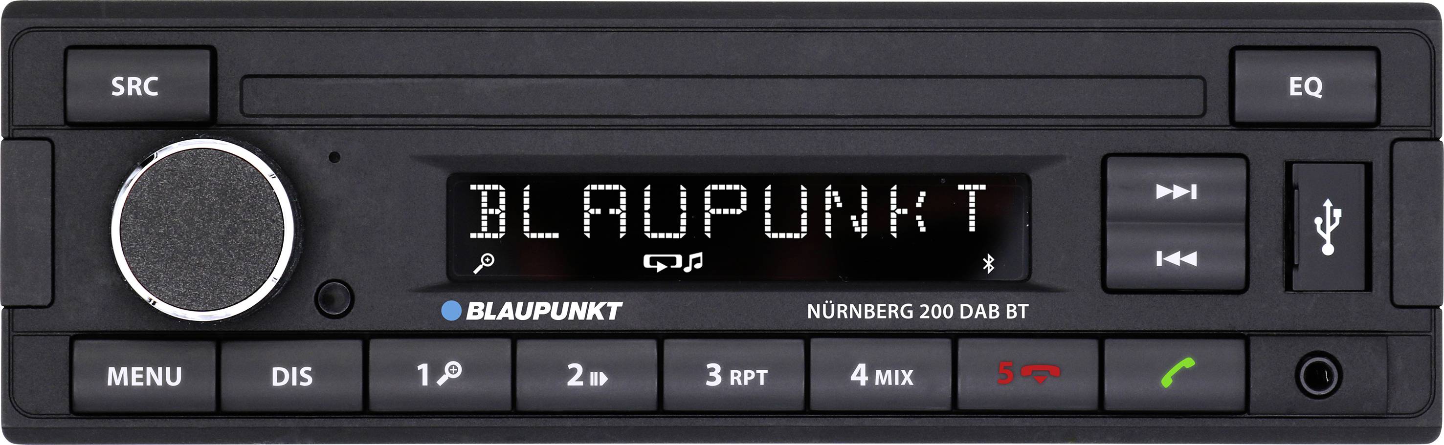 Car radio with display, showing 'BLAUPUNKT'. Buttons for menu, volume, station selection, and calls. USB port on the right.