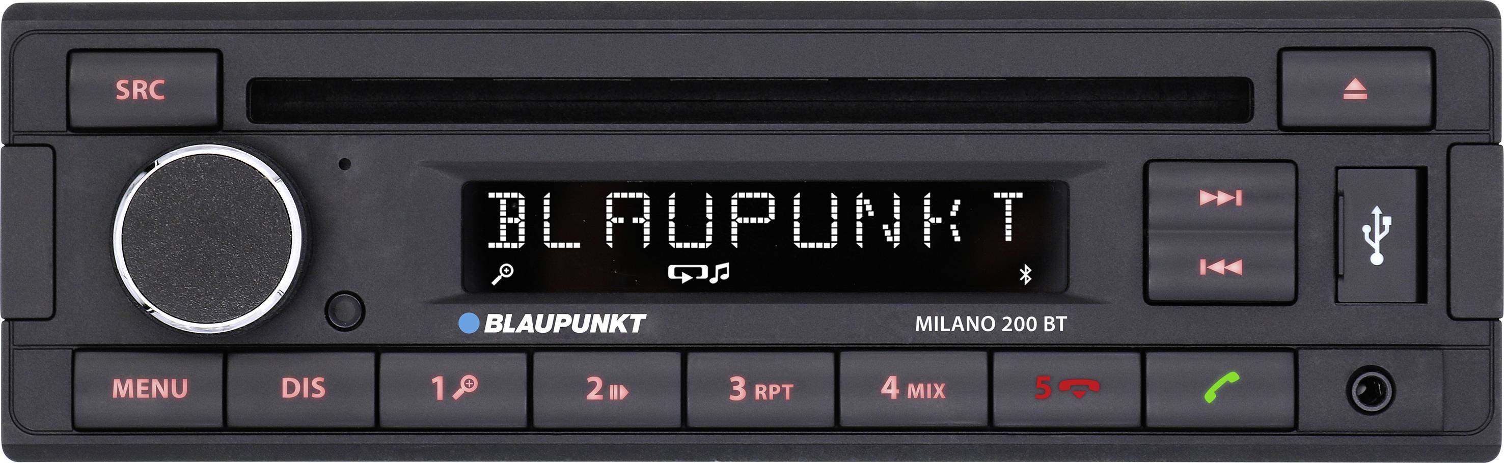 Blaupunkt car radio, Milano 200 BT model, with controls for radio, USB port and Bluetooth functionality.