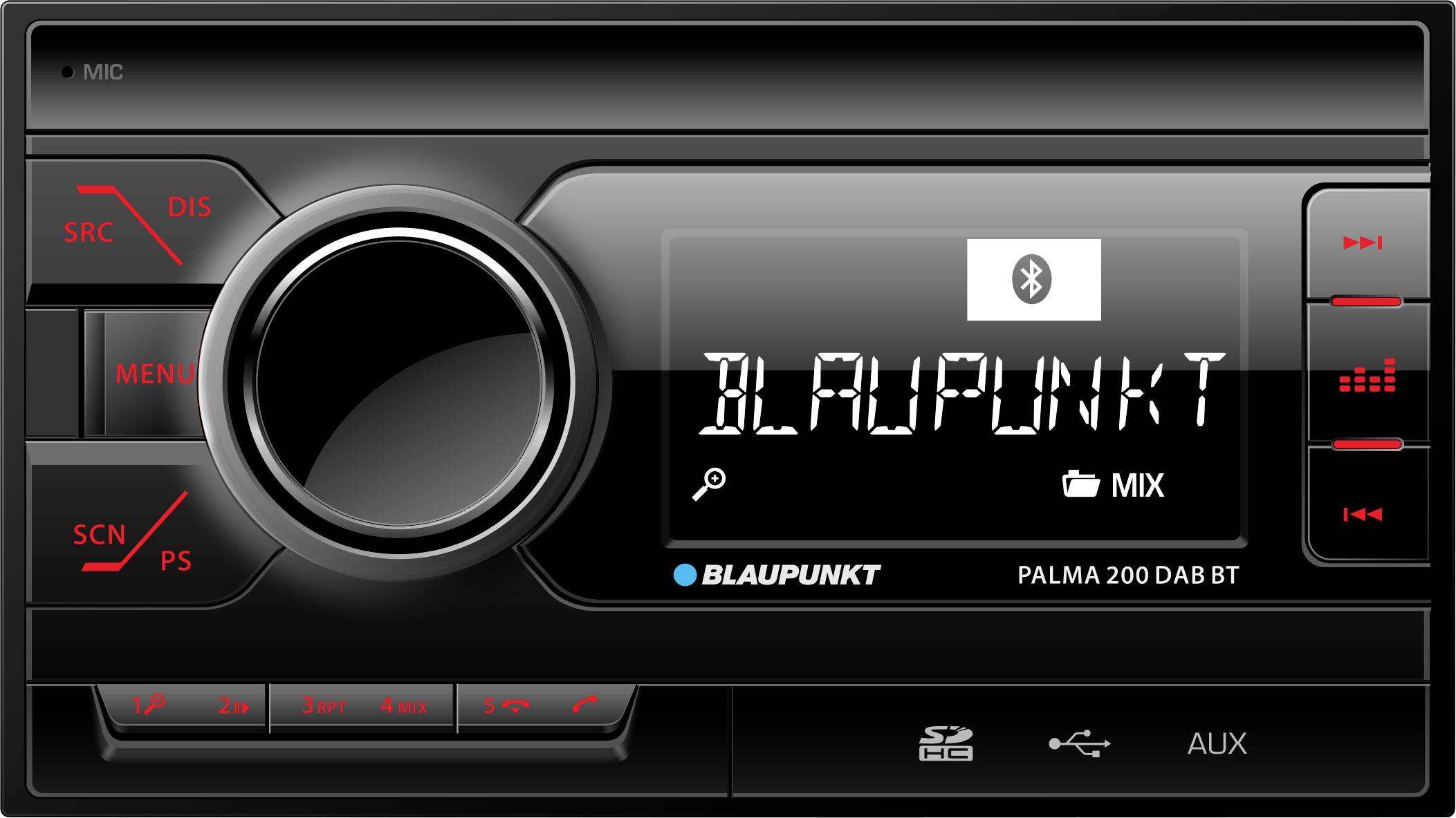A car radio with the 'BLAUPUNKT' text on the display, buttons for various settings and slots for SD card and AUX.