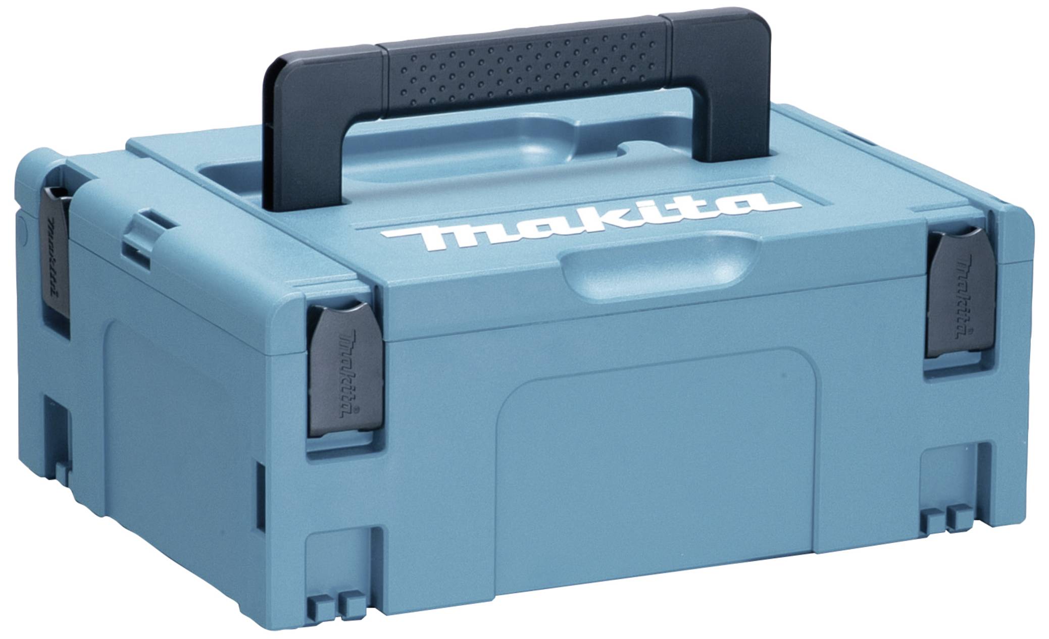 Turquoise toolbox with a black handle and 'Makita' logo on the lid.