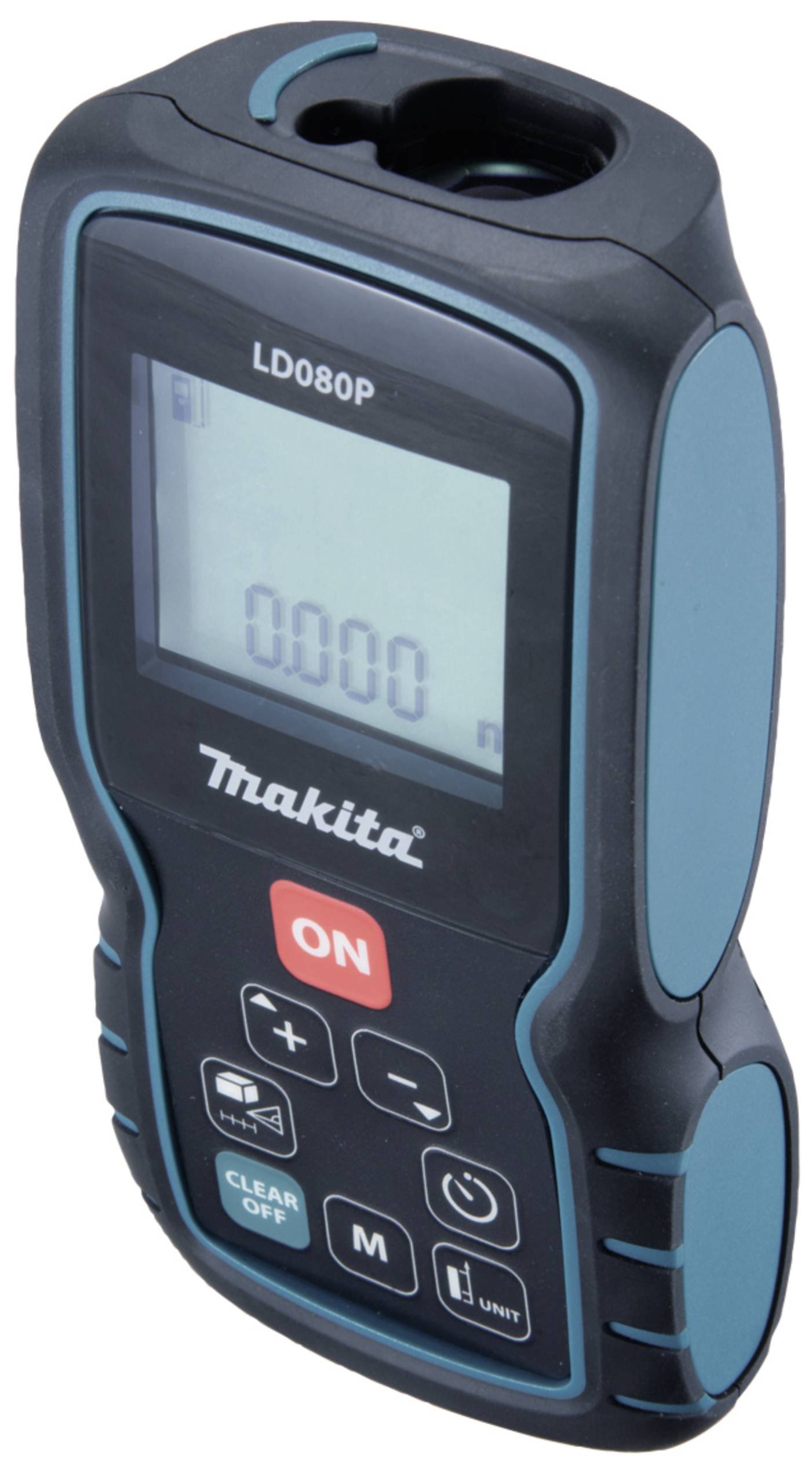 A digital laser distance metre by Makita with a large display and multiple buttons for controlling the various measurement functions.