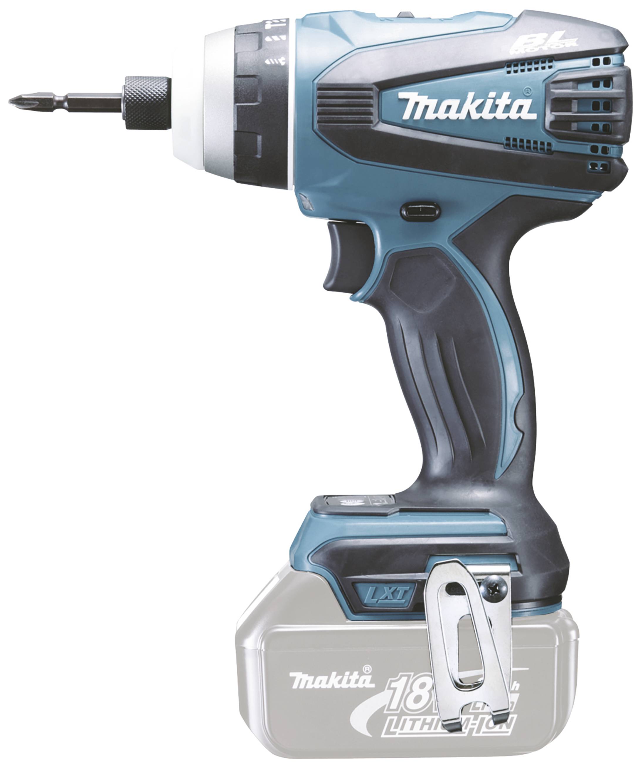 A cordless drill driver in blue-black design with interchangeable battery pack and screwdriver attachment, standing on a white surface.