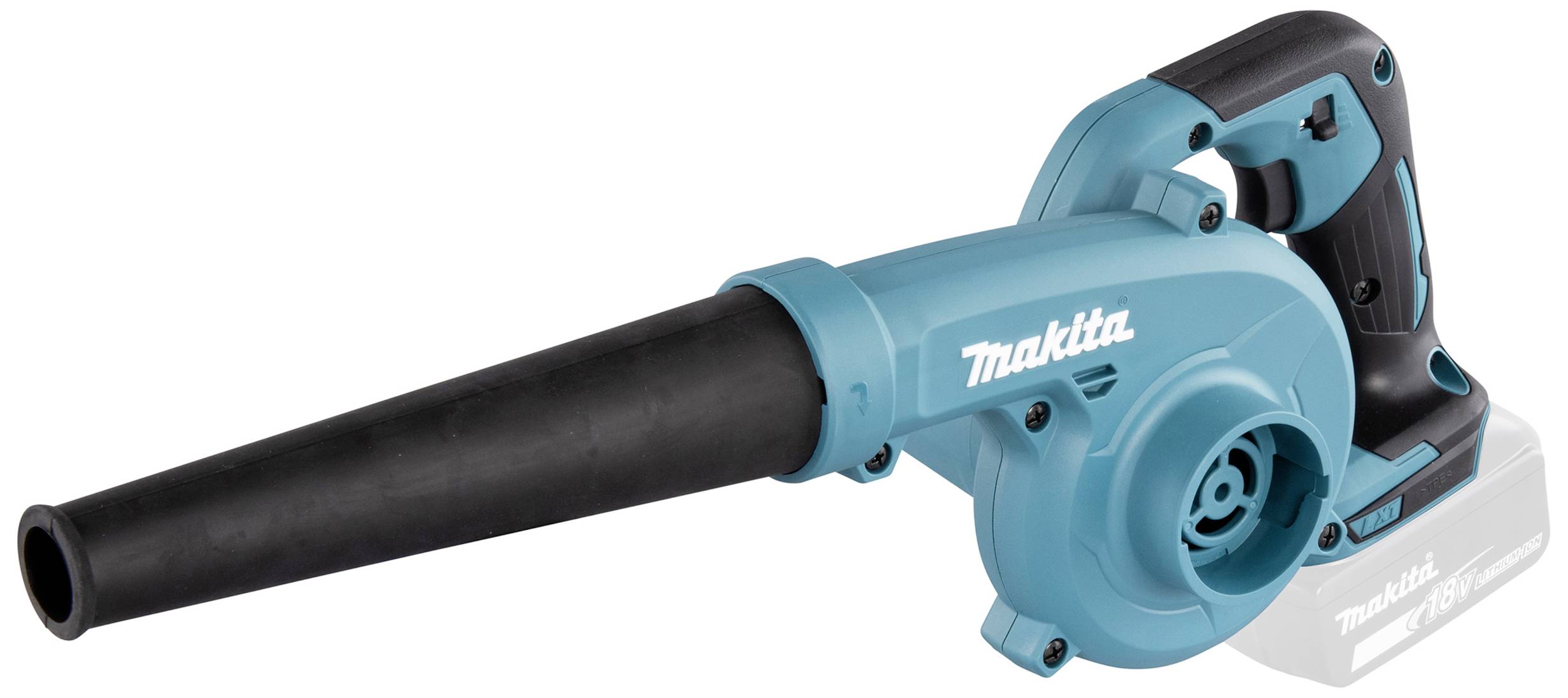 A blue, portable electric air blower with a black nozzle, suitable for cleaning workbenches or work areas.