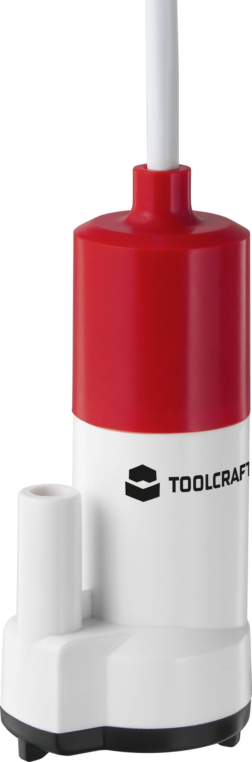 Small, white pump with a red top, standing upright. On the side it says 'TOOLCRAFT'.