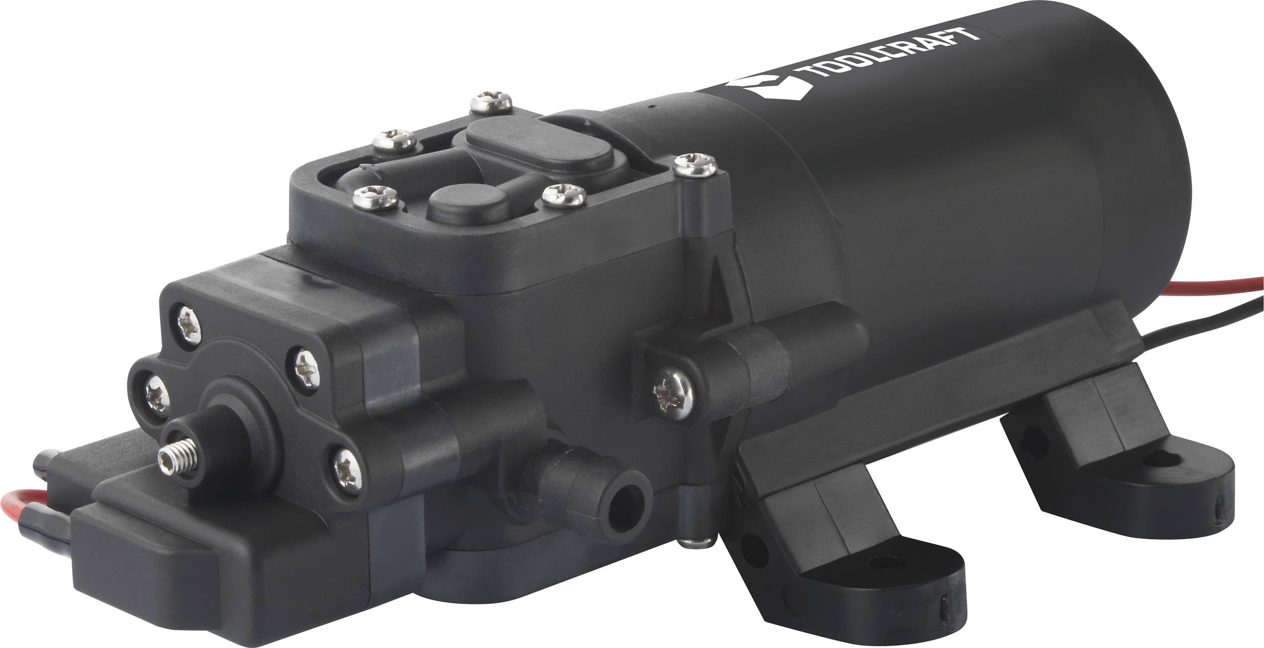 A black water pump in a cylindrical shape with mounting brackets and connections, potentially for mechanical applications.