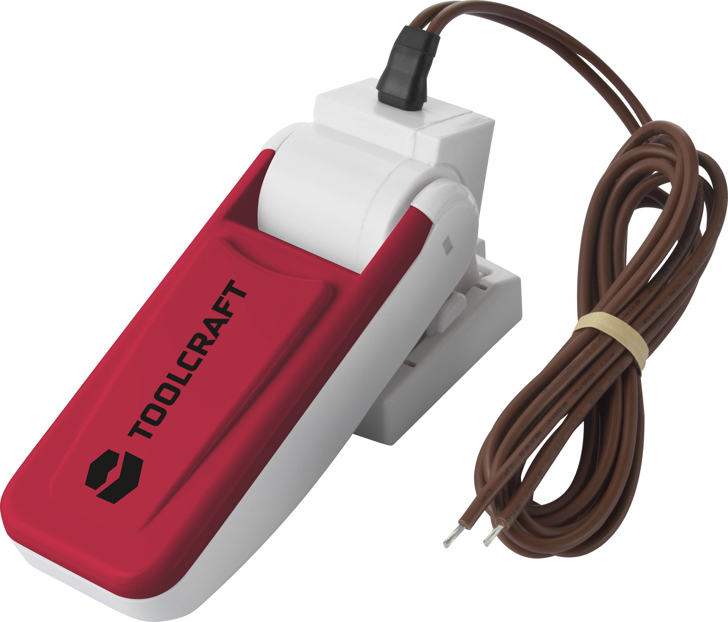 Foot switch in red and white with the inscription 'Toolcraft'. A long, brown cable is connected to the switch.