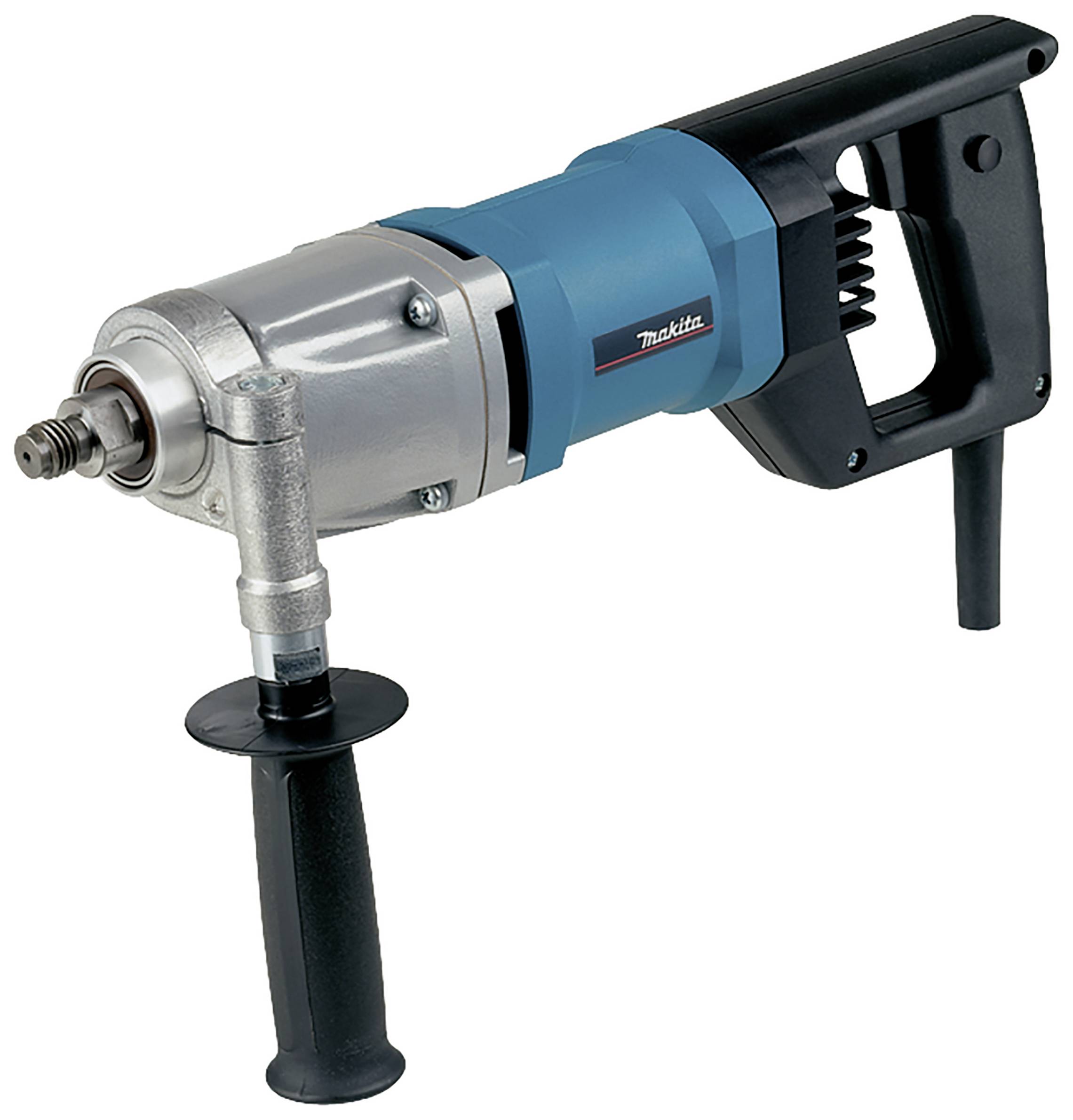 Electric drill with blue and black casing, side handle, suitable for heavy-duty drilling work.