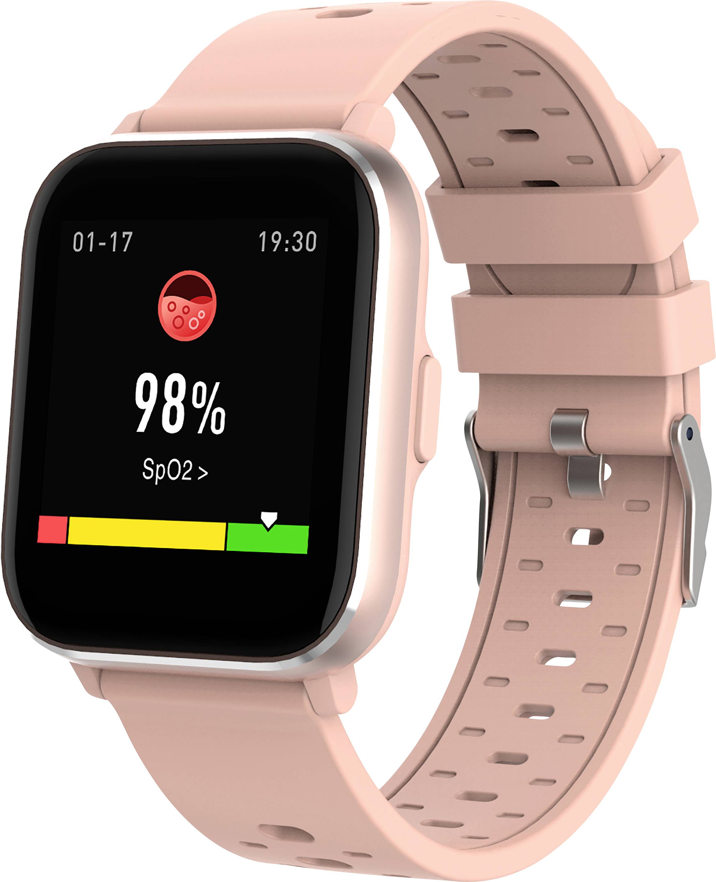 A pink smartwatch displays an SpO2 measurement of 98% on the screen, with a colour bar ranging from green to yellow to red.