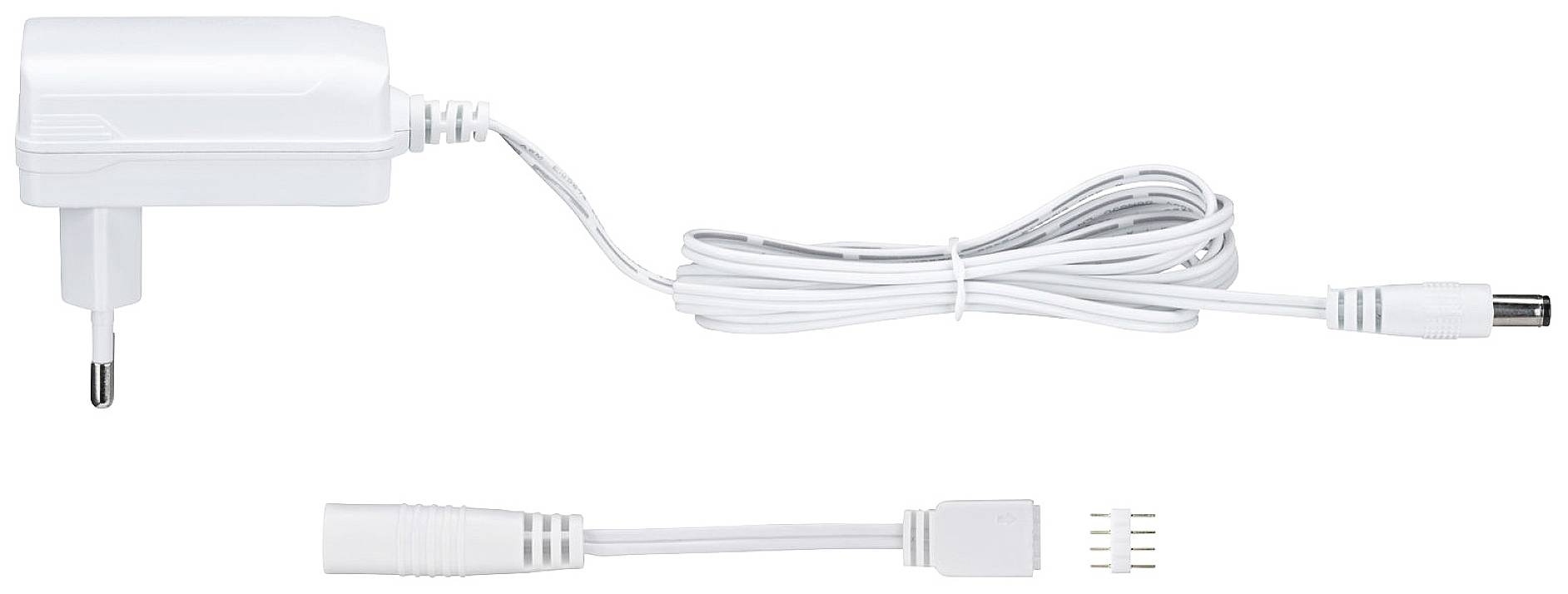 White charger with cable, European plug, and adapter attachment, side view.