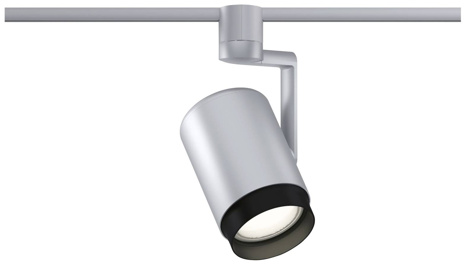 Silver track light with a cylindrical head, mounted swivel-style on a horizontal rail; modern minimalist design.