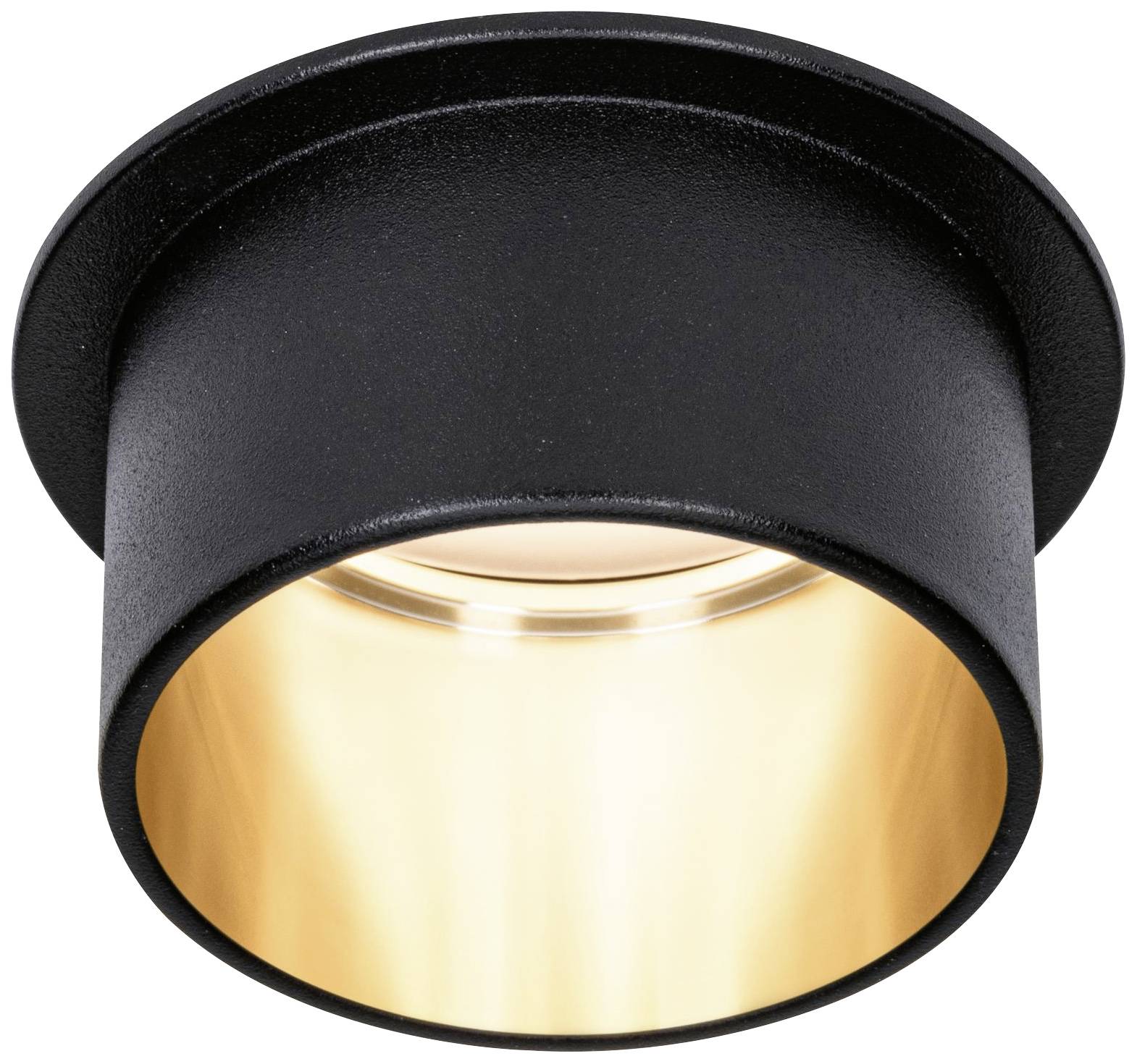 Black, cylindrical ceiling light with a gold-coloured inner reflector, casts warm light downwards and seamlessly integrates into modern spaces.