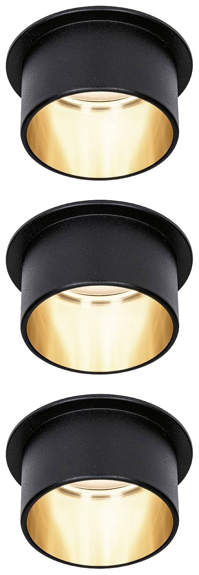 Three black, round ceiling lights with a golden interior, arranged in a vertical row.