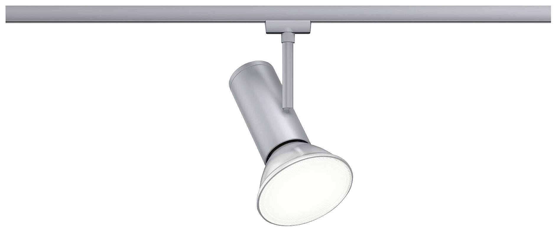 A silver ceiling spotlight is mounted on a track, illuminating an area directly beneath it. Minimalist design.