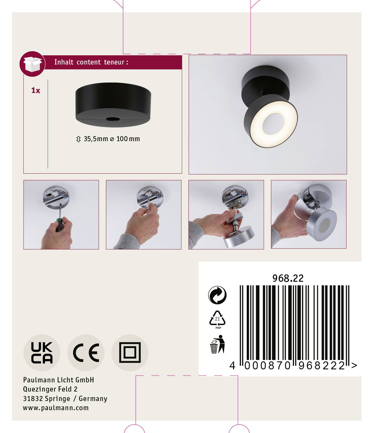Mounting Instructions for a Ceiling Light: Screw the lamp into place, attach the cover. Includes barcodes and manufacturer information.