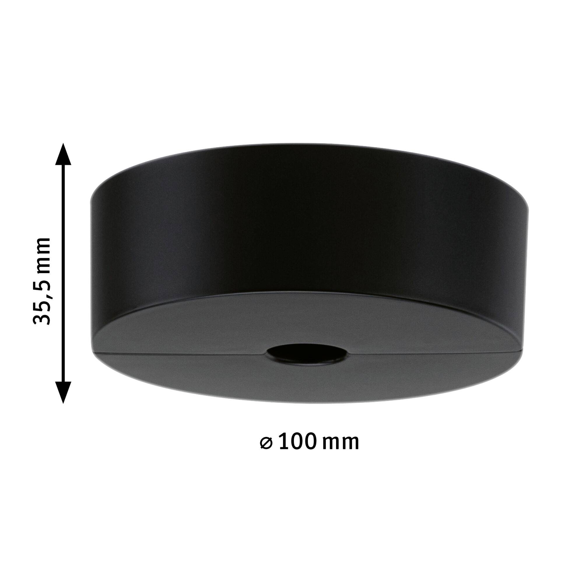 Black circular ceiling mount with a diameter of 100 mm and a height of 35.5 mm.